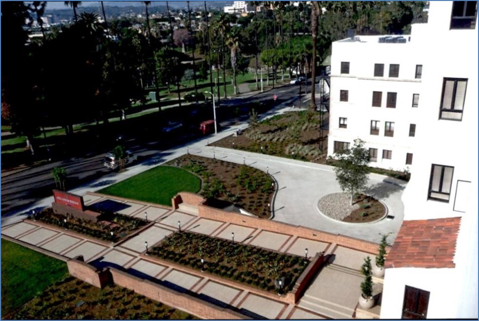 View of landscaped entry from above